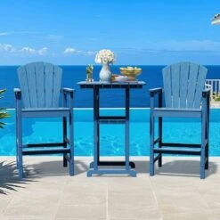 3-Piece Navy Blue Adirondack Patio Bar Plastic Outdoor Dining Set-Bar Height Stool And Chairs