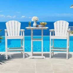 3-Piece White Adirondack Patio Bar Plastic Outdoor Dining Set-Bar Height Stool And Chairs