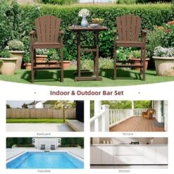 3-Piece Brown Adirondack Patio Bar Plastic Outdoor Dining Set-Bar Height Stool And Chairs -Jearey jearey bistro sets jyqwgbzy3 zm 1f 1000