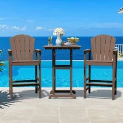 3-Piece Brown Adirondack Patio Bar Plastic Outdoor Dining Set-Bar Height Stool And Chairs