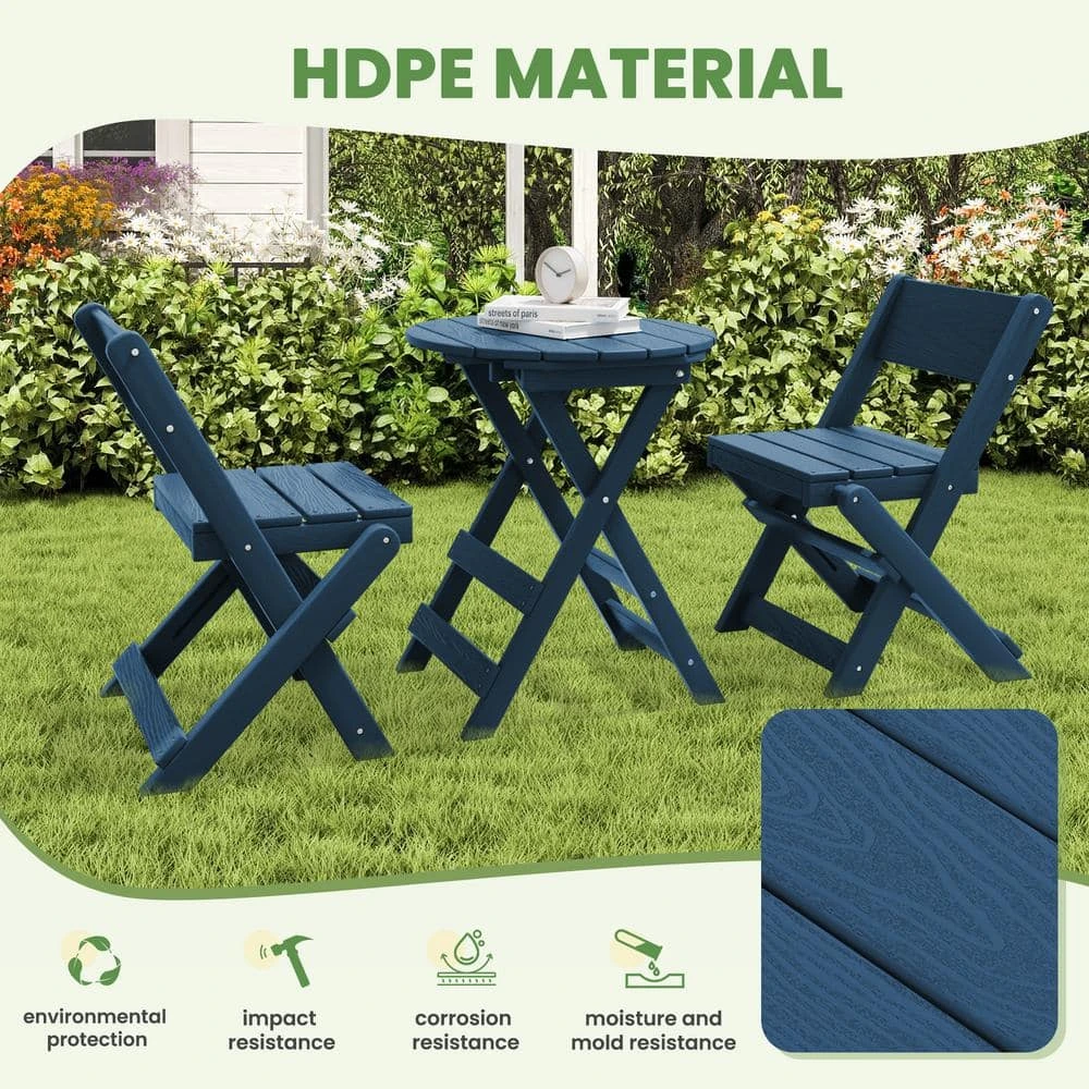 HDPE Foldable 3-Piece Plastic Outdoor Bistro Set In Navy 4 HDPE Foldable 3-Piece Plastic Outdoor Bistro Set In Navy - Image 4