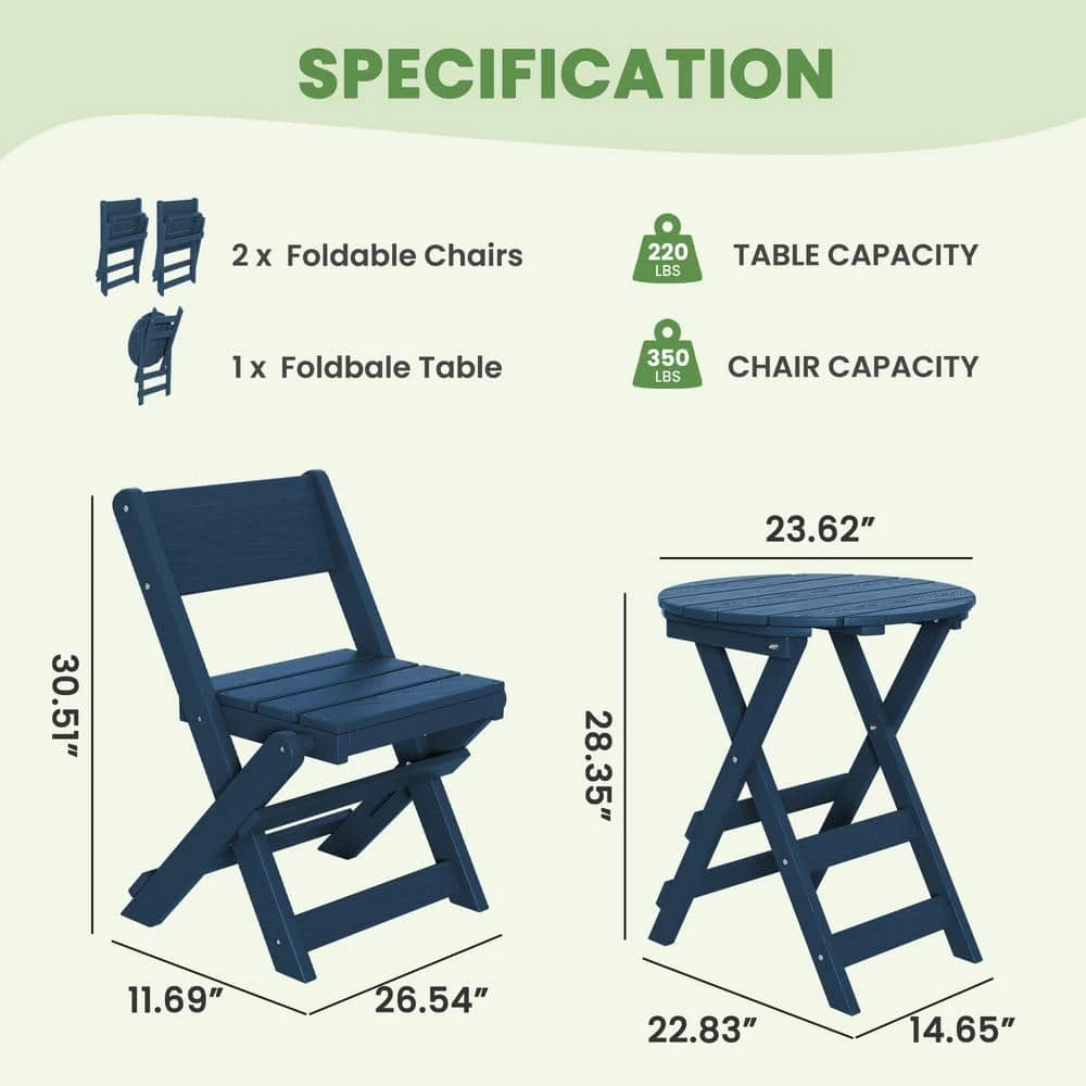 HDPE Foldable 3-Piece Plastic Outdoor Bistro Set In Navy 3 HDPE Foldable 3-Piece Plastic Outdoor Bistro Set In Navy - Image 3
