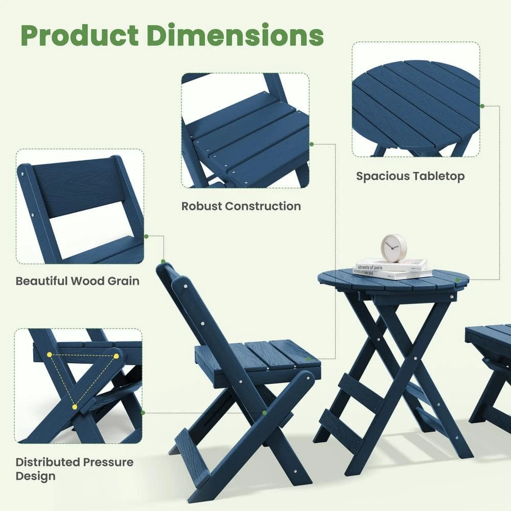 HDPE Foldable 3-Piece Plastic Outdoor Bistro Set In Navy 2 HDPE Foldable 3-Piece Plastic Outdoor Bistro Set In Navy - Image 2