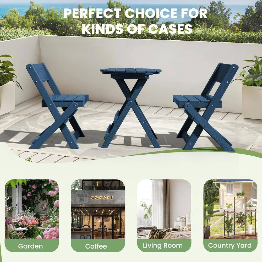 HDPE Foldable 3-Piece Plastic Outdoor Bistro Set In Navy 6 HDPE Foldable 3-Piece Plastic Outdoor Bistro Set In Navy - Image 6