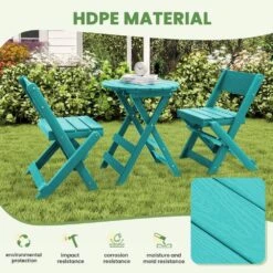 HDPE Foldable 3-Piece Plastic Outdoor Bistro Set In Tiffany Blue -Jearey jearey bistro sets xjg3jt tfn 1f 1000