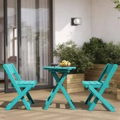 HDPE Foldable 3-Piece Plastic Outdoor Bistro Set In Tiffany Blue