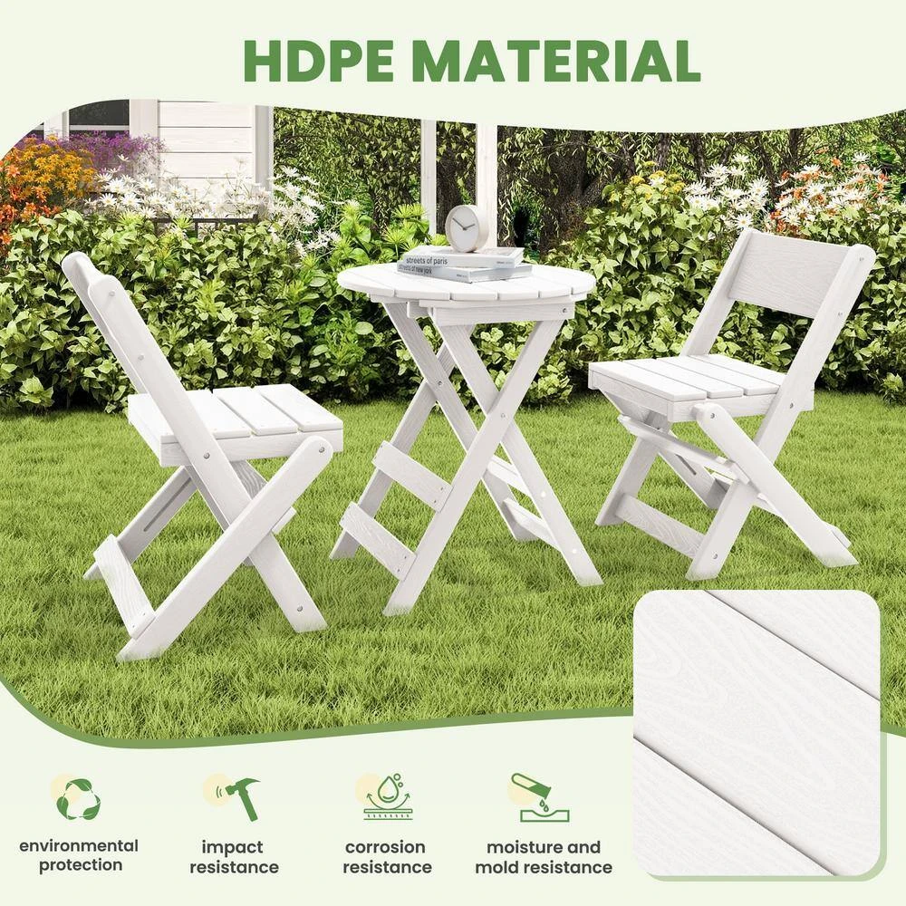 HDPE Foldable 3-Piece Plastic Outdoor Bistro Set In White 4 HDPE Foldable 3-Piece Plastic Outdoor Bistro Set In White - Image 4
