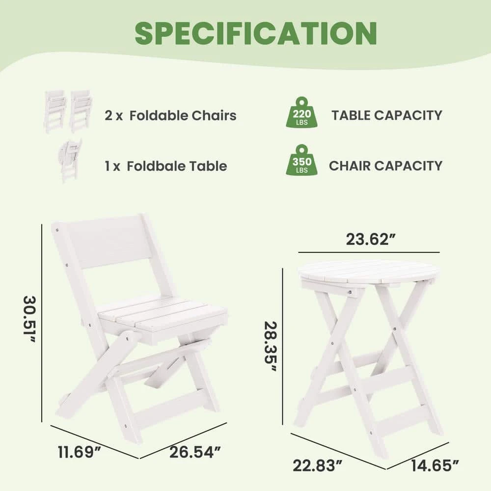 HDPE Foldable 3-Piece Plastic Outdoor Bistro Set In White 3 HDPE Foldable 3-Piece Plastic Outdoor Bistro Set In White - Image 3