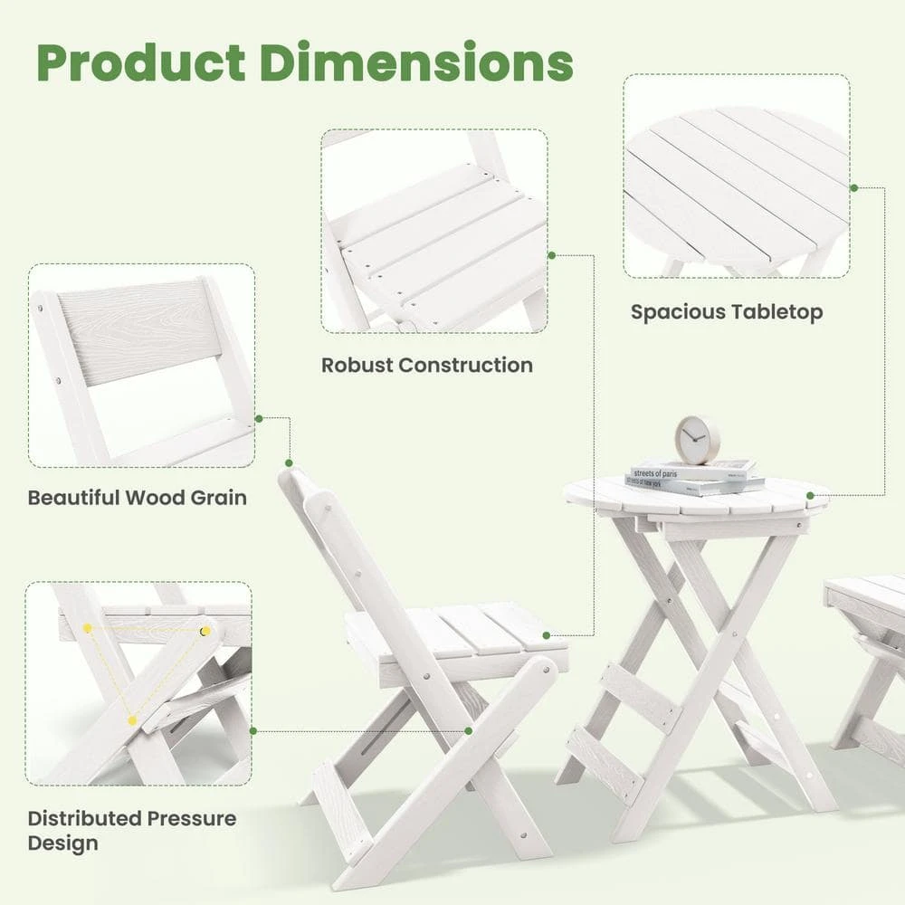 HDPE Foldable 3-Piece Plastic Outdoor Bistro Set In White 2 HDPE Foldable 3-Piece Plastic Outdoor Bistro Set In White - Image 2