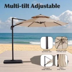 Double Top 11 Ft. Aluminum Cantilever Umbrella With Base And Cover, 360° Rotation Patio Umbrella In Beige -Jearey jearey cantilever umbrellas 10sdylm beige 77 1000