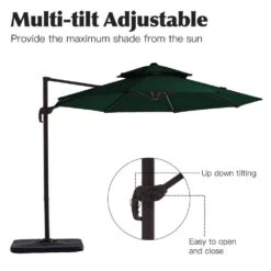 Double Top 11 Ft. Aluminum Cantilever Umbrella With Base And Cover, 360° Rotation Patio Umbrella In Dark Green -Jearey jearey cantilever umbrellas 10sdylm dg 40 1000