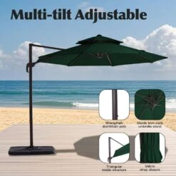 Double Top 11 Ft. Aluminum Cantilever Umbrella With Base And Cover, 360° Rotation Patio Umbrella In Dark Green -Jearey jearey cantilever umbrellas 10sdylm dg 44 1000