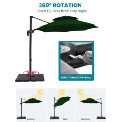 Double Top 11 Ft. Aluminum Cantilever Umbrella With Base And Cover, 360° Rotation Patio Umbrella In Dark Green -Jearey jearey cantilever umbrellas 10sdylm dg 77 1000