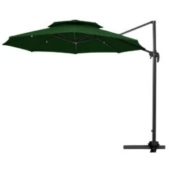 Double Top 11 Ft. Aluminum Cantilever Umbrella With Base And Cover, 360° Rotation Patio Umbrella In Dark Green -Jearey jearey cantilever umbrellas 10sdylm dg c3 1000