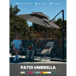Double Top 11 Ft. Aluminum Cantilever Umbrella With Base And Cover, 360° Rotation Patio Umbrella In Gray -Jearey jearey cantilever umbrellas 10sdylm gray 31 1000