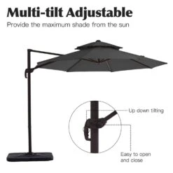 Double Top 11 Ft. Aluminum Cantilever Umbrella With Base And Cover, 360° Rotation Patio Umbrella In Gray -Jearey jearey cantilever umbrellas 10sdylm gray 40 1000
