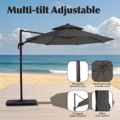 Double Top 11 Ft. Aluminum Cantilever Umbrella With Base And Cover, 360° Rotation Patio Umbrella In Gray -Jearey jearey cantilever umbrellas 10sdylm gray 44 1000