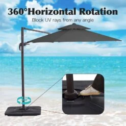 Double Top 11 Ft. Aluminum Cantilever Umbrella With Base And Cover, 360° Rotation Patio Umbrella In Gray -Jearey jearey cantilever umbrellas 10sdylm gray 77 1000