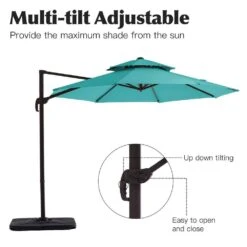 Double Top 11 Ft. Aluminum Cantilever Umbrella With Base And Cover, 360° Rotation Patio Umbrella In Peacock Blue -Jearey jearey cantilever umbrellas 10sdylm pb 40 1000