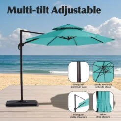Double Top 11 Ft. Aluminum Cantilever Umbrella With Base And Cover, 360° Rotation Patio Umbrella In Peacock Blue -Jearey jearey cantilever umbrellas 10sdylm pb 44 1000