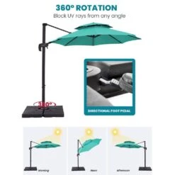 Double Top 11 Ft. Aluminum Cantilever Umbrella With Base And Cover, 360° Rotation Patio Umbrella In Peacock Blue -Jearey jearey cantilever umbrellas 10sdylm pb 77 1000