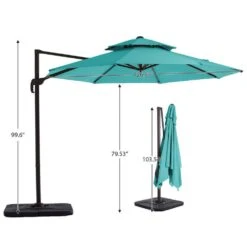 Double Top 11 Ft. Aluminum Cantilever Umbrella With Base And Cover, 360° Rotation Patio Umbrella In Peacock Blue -Jearey jearey cantilever umbrellas 10sdylm pb fa 1000