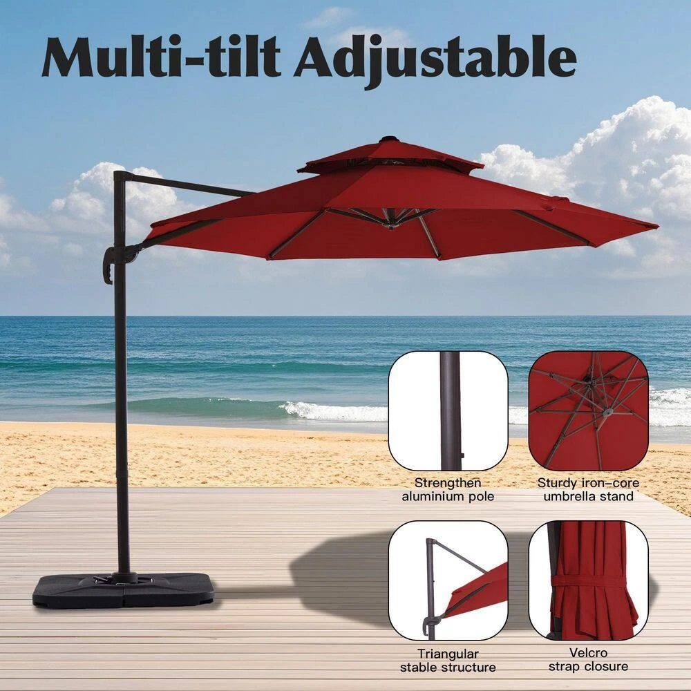 Double Top 11 Ft. Aluminum Cantilever Umbrella With Base And Cover, 360° Rotation Patio Umbrella In Red 3 Double Top 11 Ft. Aluminum Cantilever Umbrella With Base And Cover, 360° Rotation Patio Umbrella In Red - Image 3