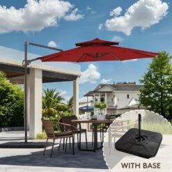 Front Page 27 Double Top 11 Ft. Aluminum Cantilever Umbrella With Base And Cover, 360° Rotation Patio Umbrella In Red