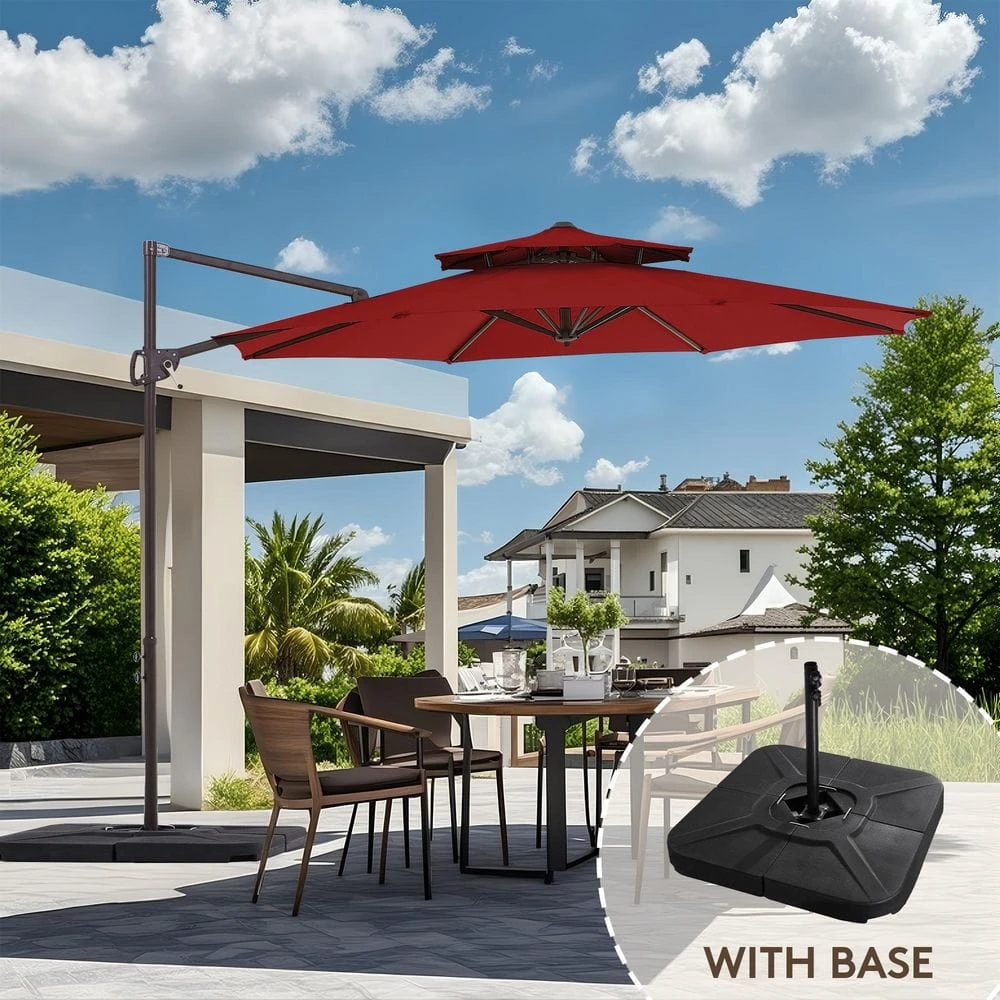 Double Top 11 Ft. Aluminum Cantilever Umbrella With Base And Cover, 360° Rotation Patio Umbrella In Red 1 Double Top 11 Ft. Aluminum Cantilever Umbrella With Base And Cover, 360° Rotation Patio Umbrella In Red