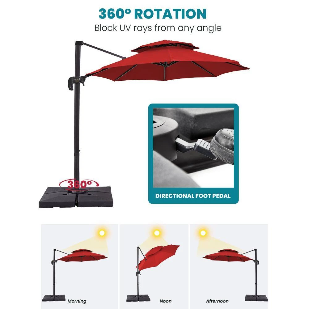 Double Top 11 Ft. Aluminum Cantilever Umbrella With Base And Cover, 360° Rotation Patio Umbrella In Red 5 Double Top 11 Ft. Aluminum Cantilever Umbrella With Base And Cover, 360° Rotation Patio Umbrella In Red - Image 5