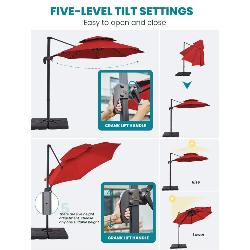 Double Top 11 Ft. Aluminum Cantilever Umbrella With Base And Cover, 360° Rotation Patio Umbrella In Red 10 Double Top 11 Ft. Aluminum Cantilever Umbrella With Base And Cover, 360° Rotation Patio Umbrella In Red - Image 10
