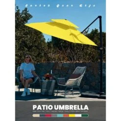 Double Top 11 Ft. Aluminum Cantilever Umbrella With Base And Cover, 360° Rotation Patio Umbrella In Yellow -Jearey jearey cantilever umbrellas 10sdylm yellow 31 1000