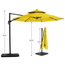 Double Top 11 Ft. Aluminum Cantilever Umbrella With Base And Cover, 360° Rotation Patio Umbrella In Yellow -Jearey jearey cantilever umbrellas 10sdylm yellow fa 1000