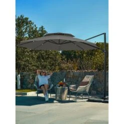 11 Ft.Double Top Round Outdoor Cantilever Umbrella With Cover,Heavy-Duty 360° Rotation Patio Umbrella In Gray -Jearey jearey cantilever umbrellas 11sdylm gray 40 1000