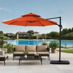 11 Ft.Double Top Round Outdoor Cantilever Umbrella With Cover,Heavy-Duty 360° Rotation Patio Umbrella In Pumpkin