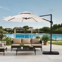 11 Ft.Double Top Round Outdoor Cantilever Umbrella With Cover,Heavy-Duty 360° Rotation Patio Umbrella In Off-White