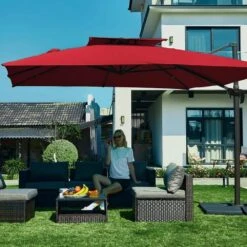 9 Ft. X 9 Ft. Square Aluminum Cantilever Tilt Patio Umbrella In Red