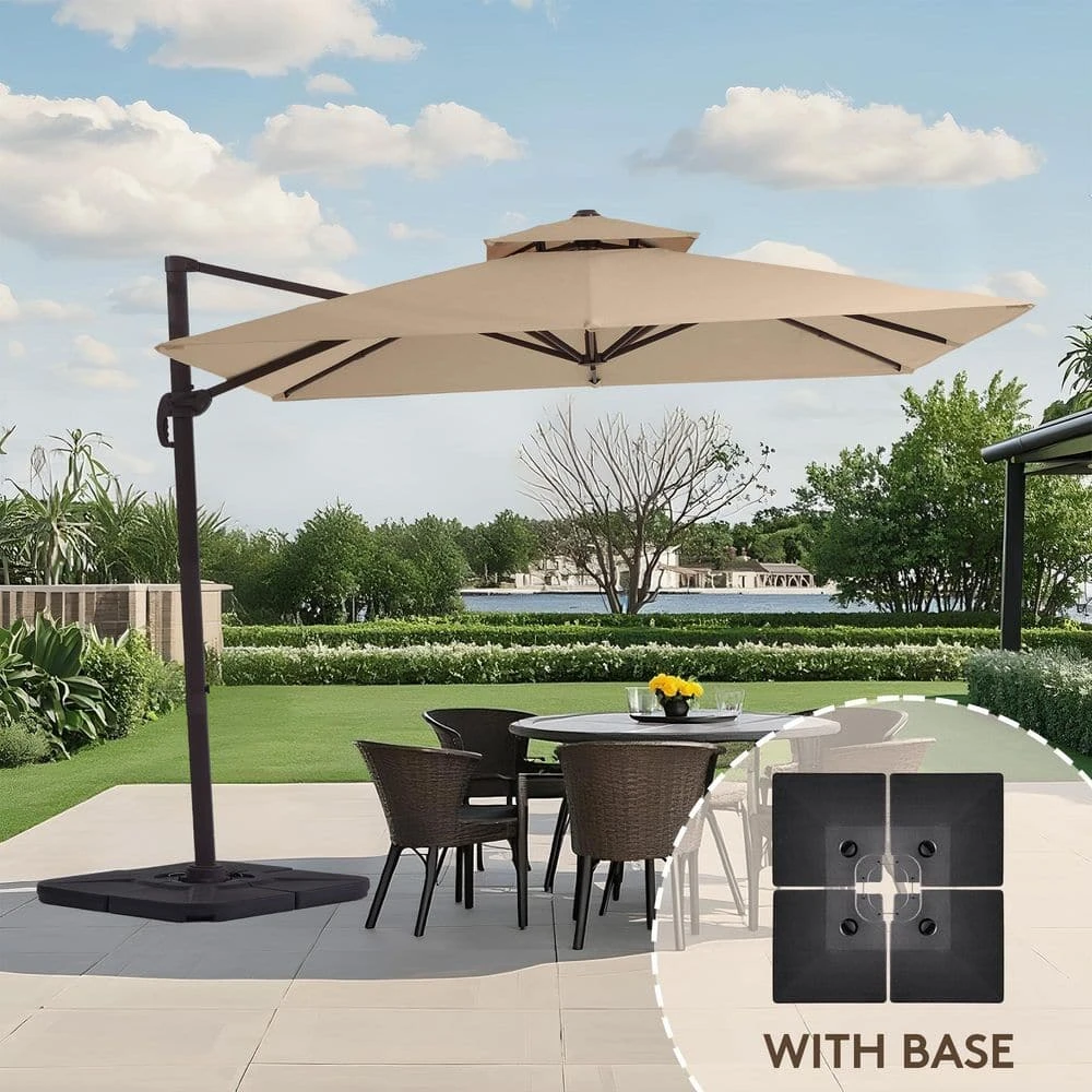12 Ft. X 12 Ft. Aluminum Cantilever Patio Umbrella With Weighted Base In Beige 1 12 Ft. X 12 Ft. Aluminum Cantilever Patio Umbrella With Weighted Base In Beige