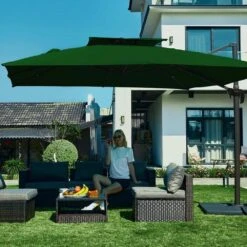 10 Ft. X 10 Ft. Square 2-Tier Top Rotation Outdoor Cantilever Patio Umbrella With Cover In Dark Green -Jearey jearey cantilever umbrellas lk10fx dgreen 31 1000