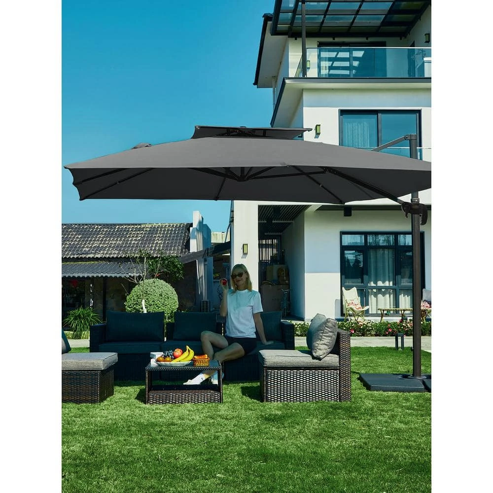 10 Ft. X 10 Ft. Square Two-Tier Top Rotation Outdoor Cantilever Patio Umbrella With Cover In Gray 12 10 Ft. X 10 Ft. Square Two-Tier Top Rotation Outdoor Cantilever Patio Umbrella With Cover In Gray - Image 12