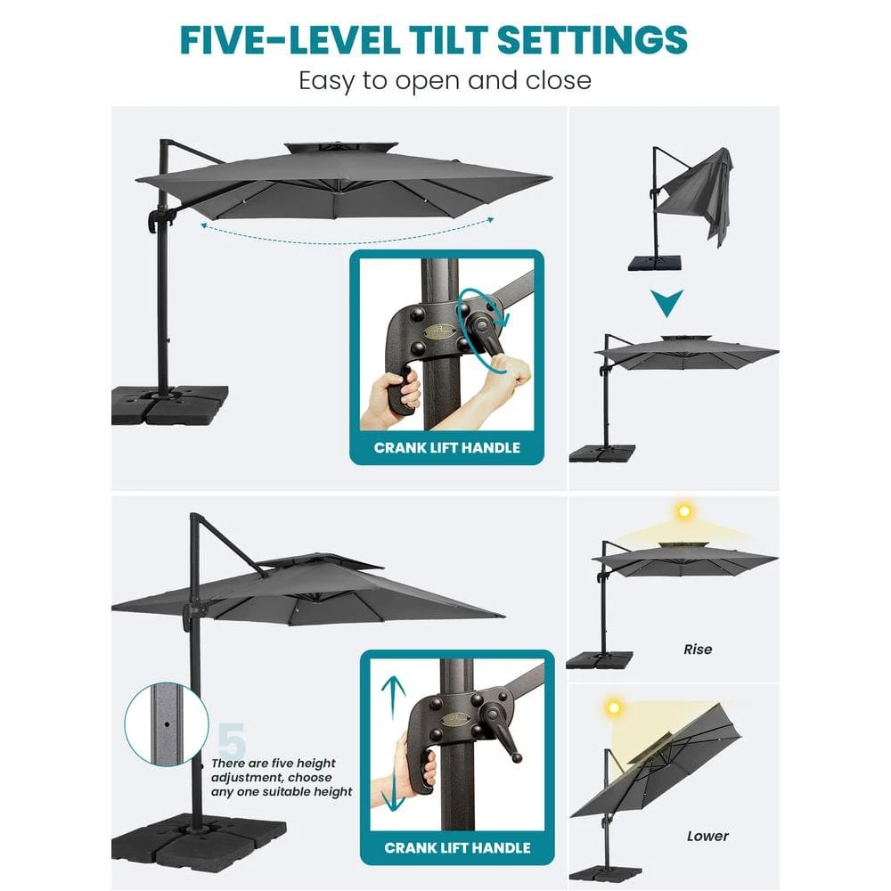 10 Ft. X 10 Ft. Square Two-Tier Top Rotation Outdoor Cantilever Patio Umbrella With Cover In Gray 3 10 Ft. X 10 Ft. Square Two-Tier Top Rotation Outdoor Cantilever Patio Umbrella With Cover In Gray - Image 3