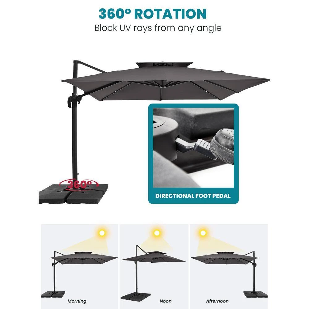 10 Ft. X 10 Ft. Square Two-Tier Top Rotation Outdoor Cantilever Patio Umbrella With Cover In Gray 6 10 Ft. X 10 Ft. Square Two-Tier Top Rotation Outdoor Cantilever Patio Umbrella With Cover In Gray - Image 6