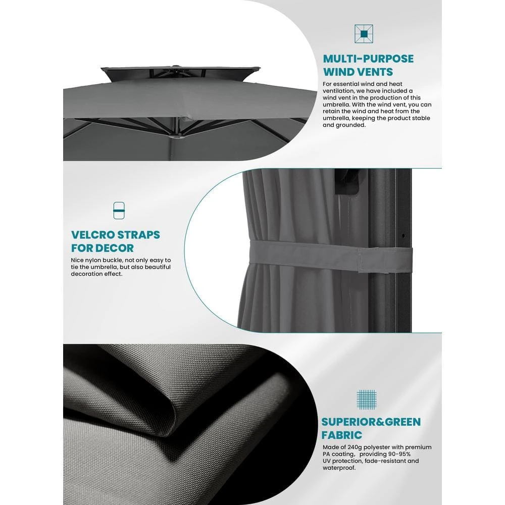 10 Ft. X 10 Ft. Square Two-Tier Top Rotation Outdoor Cantilever Patio Umbrella With Cover In Gray 4 10 Ft. X 10 Ft. Square Two-Tier Top Rotation Outdoor Cantilever Patio Umbrella With Cover In Gray - Image 4