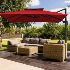 10 Ft. X 10 Ft. Square Two-Tier Top Rotation Outdoor Cantilever Patio Umbrella With Cover In Red