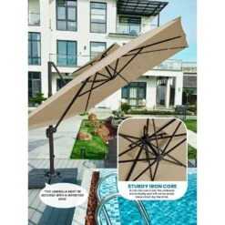 11 Ft. X 11 Ft. Square Two-Tier Top Rotation Outdoor Cantilever Patio Umbrella With Cover In Beige -Jearey jearey cantilever umbrellas lk11fx beige 77 1000
