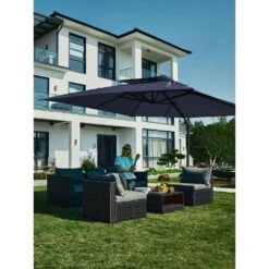 11 Ft. X 11 Ft. Square Two-Tier Top Rotation Outdoor Cantilever Patio Umbrella With Cover In Navy -Jearey jearey cantilever umbrellas lk11fx navy d4 1000