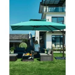 11 Ft. X 11 Ft. Square Two-Tier Top Rotation Outdoor Cantilever Patio Umbrella With Cover In Peacock Blue -Jearey jearey cantilever umbrellas lk11fx pb 31 1000