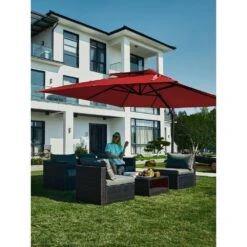 11 Ft. X 11 Ft. Square Two-Tier Top Rotation Outdoor Cantilever Patio Umbrella With Cover In Red -Jearey jearey cantilever umbrellas lk11fx red d4 1000