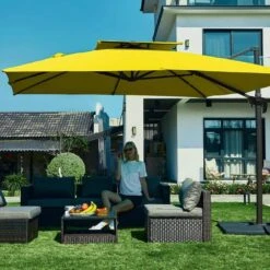 11 Ft. X 11 Ft. Square Two-Tier Top Rotation Outdoor Cantilever Patio Umbrella With Cover In Yellow -Jearey jearey cantilever umbrellas lk11fx yellow 31 1000