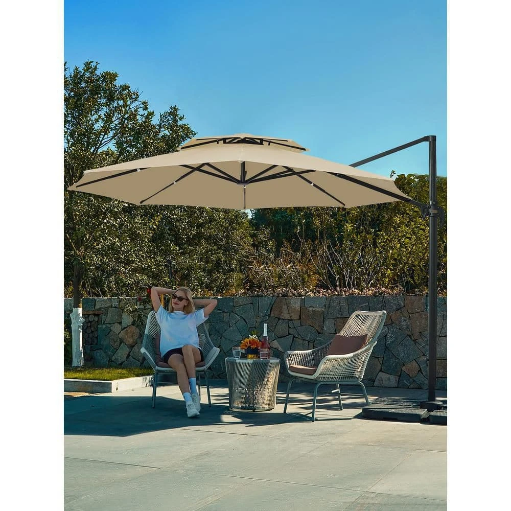 12 Ft. Aluminum 360-Degree Rotation Cantilever Patio Umbrella With Cover In Beige 2 12 Ft. Aluminum 360-Degree Rotation Cantilever Patio Umbrella With Cover In Beige - Image 2